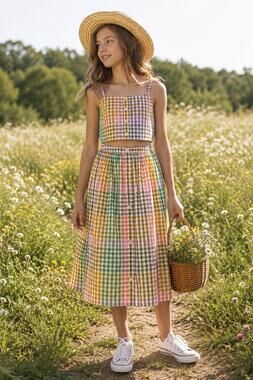Free Assembly Girls 2 Piece Plaid Crop Top Midi Skirt Set XL 14-16 Cotton